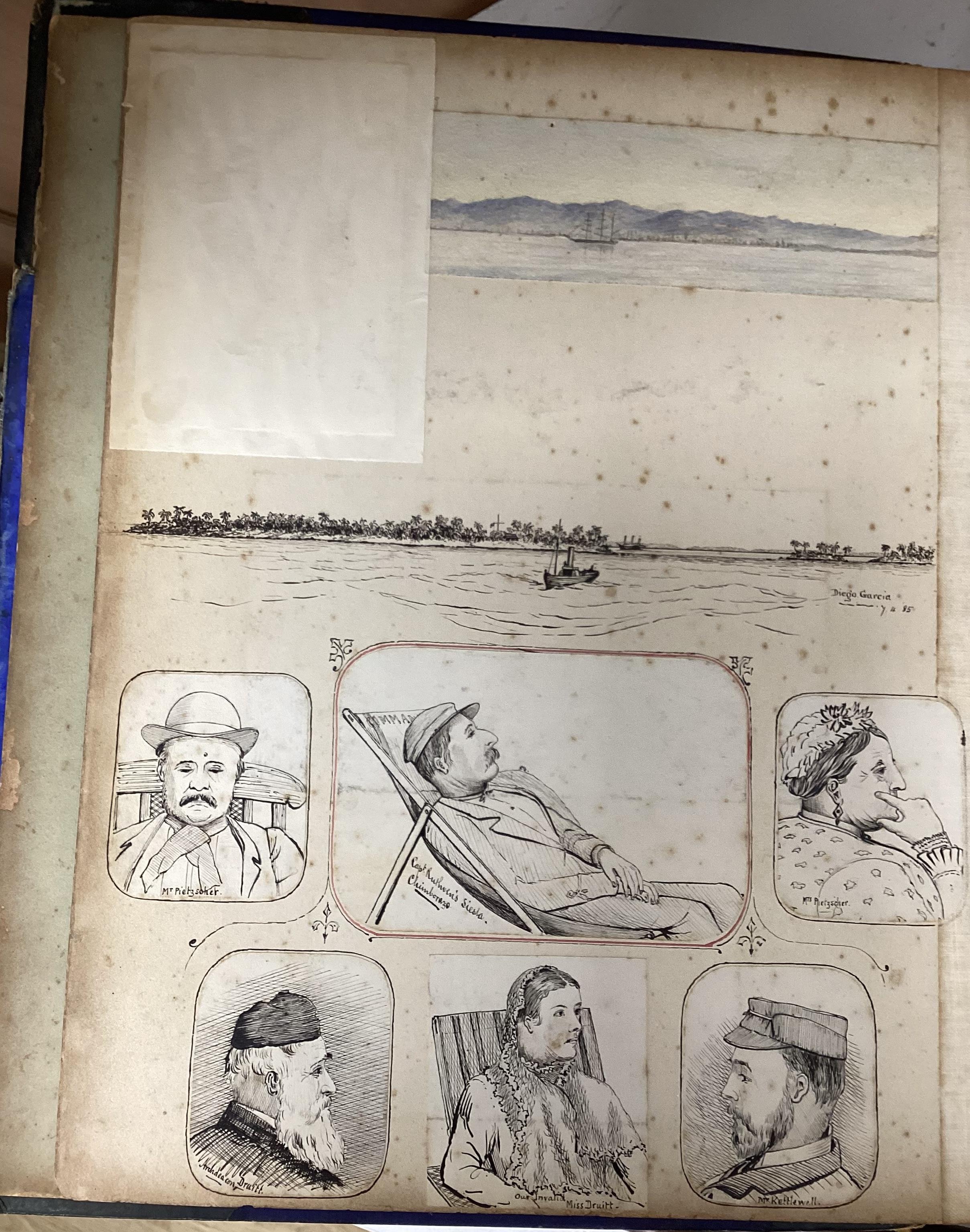A late 19th / early 20th century album of watercolours and ink sketches, predominantly landscapes, including Torquay, Glasgow, table mountain, South Africa, Suez Canal and the Arabian coast, 36 x 30cm